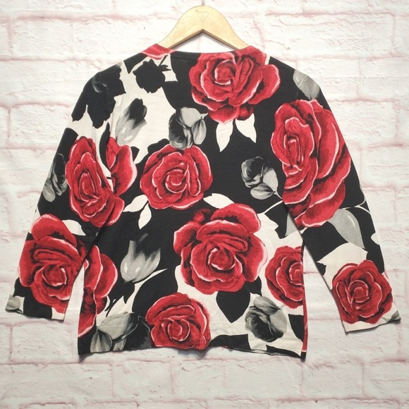 White House Black Market Cardigan Sweater Womens Medium Red Rose Floral Velvet - Picture 2 of 10